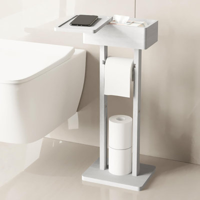 Porte-papier hygiénique en bambou 4 en 1 avec tablette de rangement, porte-papier hygiénique sur pied, couvercle pivotant à 360 °, rangement supplémentaire pour les essentiels de la salle de bain