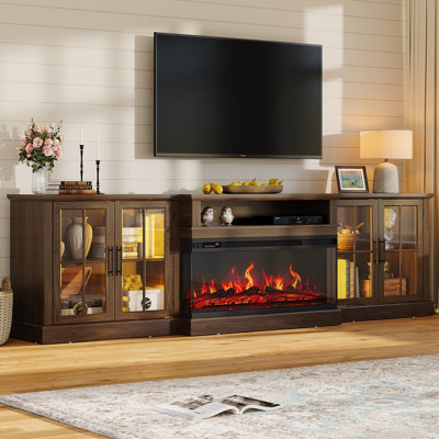 Meuble télé de style ferme de 98 pouces avec foyer électrique de 36 pouces, compatible avec les téléviseurs jusqu'à 100 pouces, console multimédia avec foyer connectée en Wi-Fi, placards de rangement et étagères réglables, brun