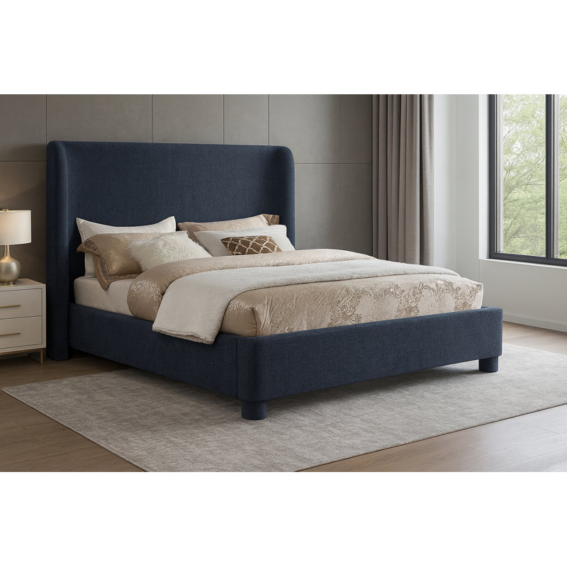 Hridhaan Upholstered Unfinished Wingback Bed, Queen, Navy Chenille Fabric