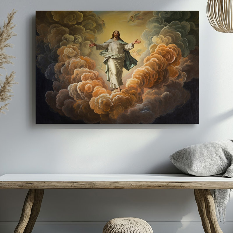 Toile, une scène céleste représentant une figure dans une robe blanche qui coule, H 9 po x l 12 po