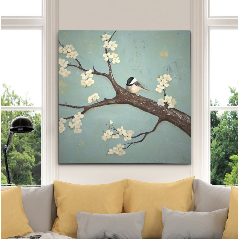 « chickadee & dogwood ii », peinture, H 32 po x l 32 po x P 1,5 po, Toile tendue