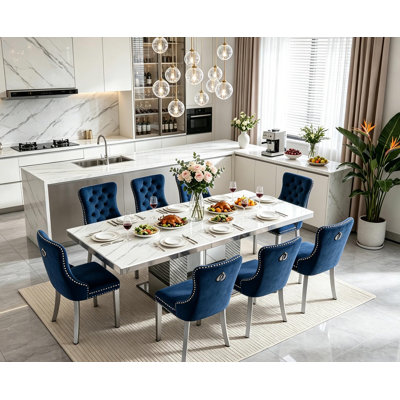 Ensemble de salle à manger extensible 9 pièces en faux marbre (63" à 95") avec 8 chaises rembourrées et grande table de cuisine extensible à piètement argenté miroir.