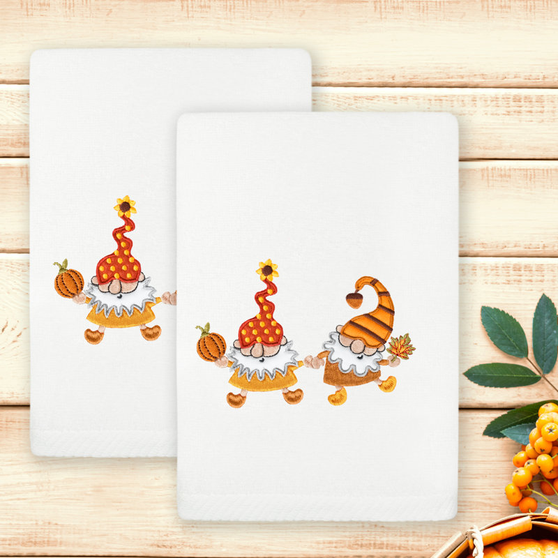  Linum Home Textiles Autumn Gnomes - Embroidered Luxury 100% Turkish Cotton Hand Towels, White