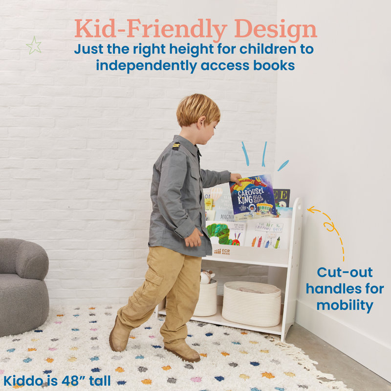 White Wash Birch 3-Shelf Kids Book Display with Handles