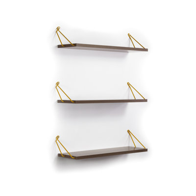 Solid Wood Bookcase Triple Shelf Rustic - Wall Mounted Walnut/Yellow Decorative Shelves For Books Theme