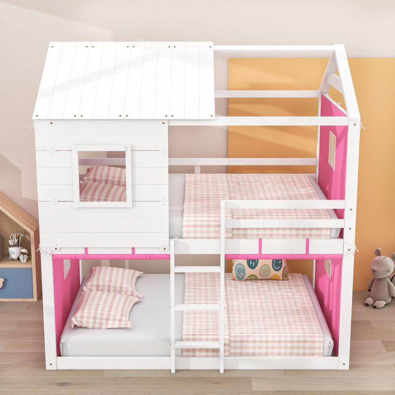 Lit superposé en bois avec toit, tente et garde-corps, Double sur double, Rose / blanc
