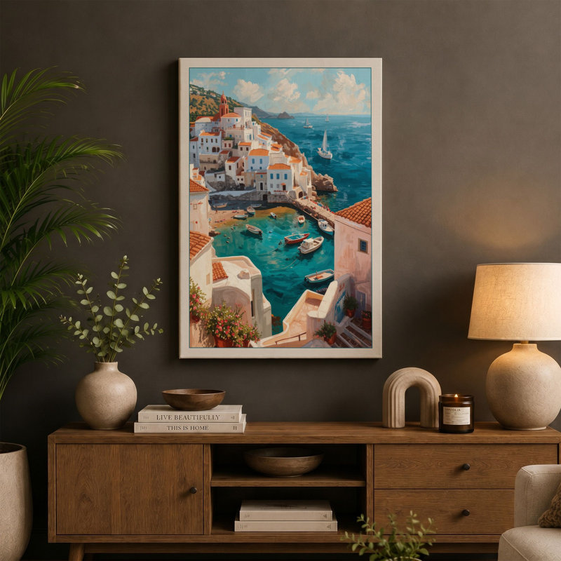 Mediterranean Clifftop Village Coastal - Wrapped Canvas, 18x12 - 45.7 x 30.5 cm, Sage Border