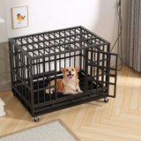 Black Folding Metal Dog Crate With Removable Tray, Escape-proof Cage Kennel With Lockable Wheels And Sturdy Locks