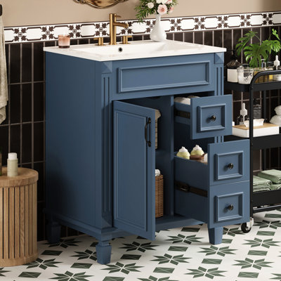 Meuble-lavabo 24 po avec lavabo en céramique, rangement intelligent pour les petites salles de bain, 2 tiroirs, tablette réglable, lavabo