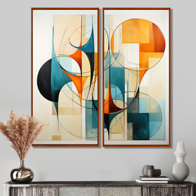«Orange Mid Century Harmony In Geometric I - Abstract Midcentury Large, art mural»
