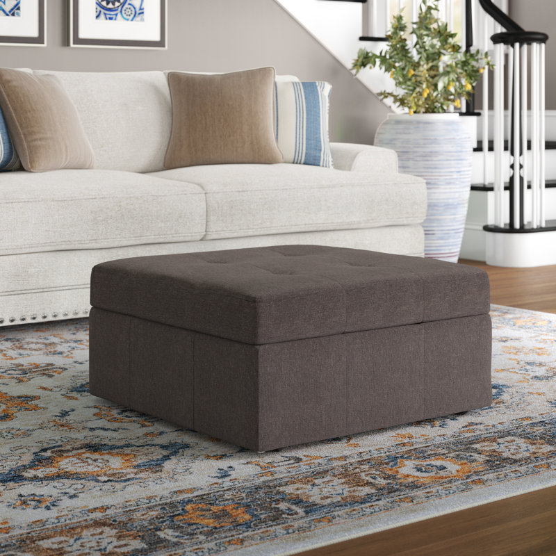 Upholstered Ottoman, Brown Gray Linen