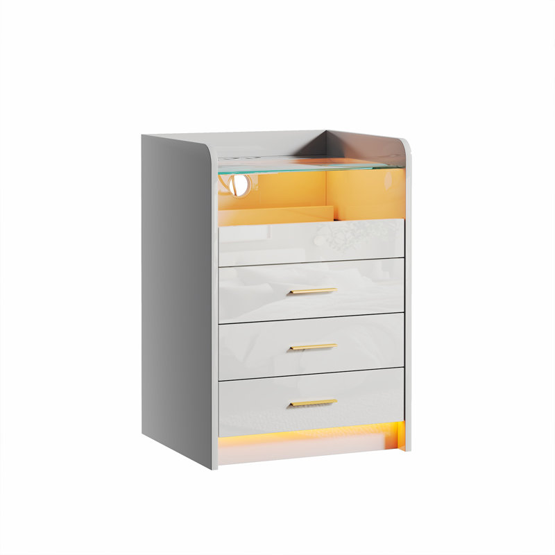 Bedside Cabinet with 3 Drawers, White Bedside Table with Glass Desktop, LED Lights & UK Charging Station 2AC/2USB, Wooden Side Table for Bedroom Living Room Sofa Side Corner Drawer Cabinet UK Plug