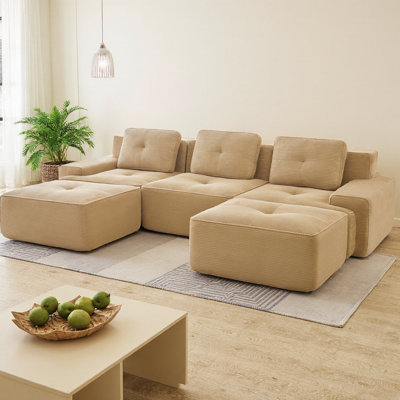 Canapé modulaire en forme de U sans os de 117 po avec repose-pieds, canapé en velours côtelé 3 places avec design capitonné, canapé nuage à assise profonde, aucun assemblage requis et base antidérapante