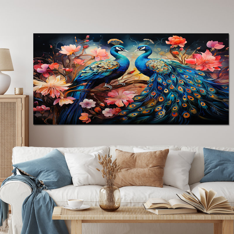 «Blue Coral Indian Art Dancing Peac II» - Art mural indien, 16" H x 32" W, Toile tendue