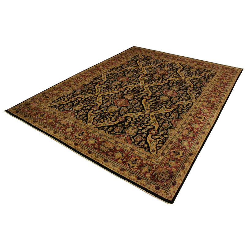 Tapis vert foncé / rouge foncé / beige en laine noué à la main 8 pi 11 po x 12 pi 2 po Abagail