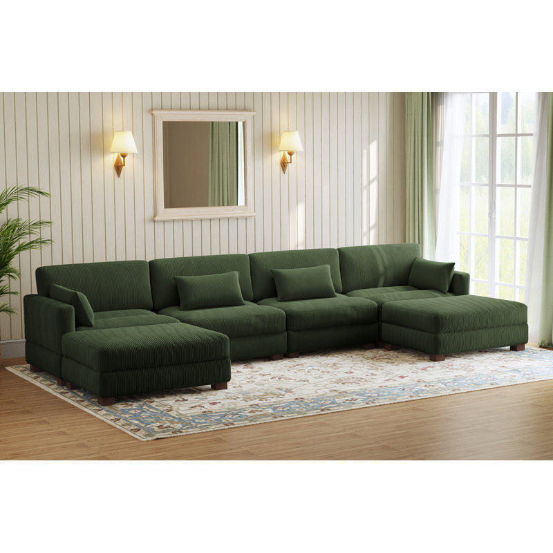 Maelina 7 - Piece Upholstered Green Corduroy Modular Sectional Sofa with Pillow Back and Removable Ottoman, Green Corduroy