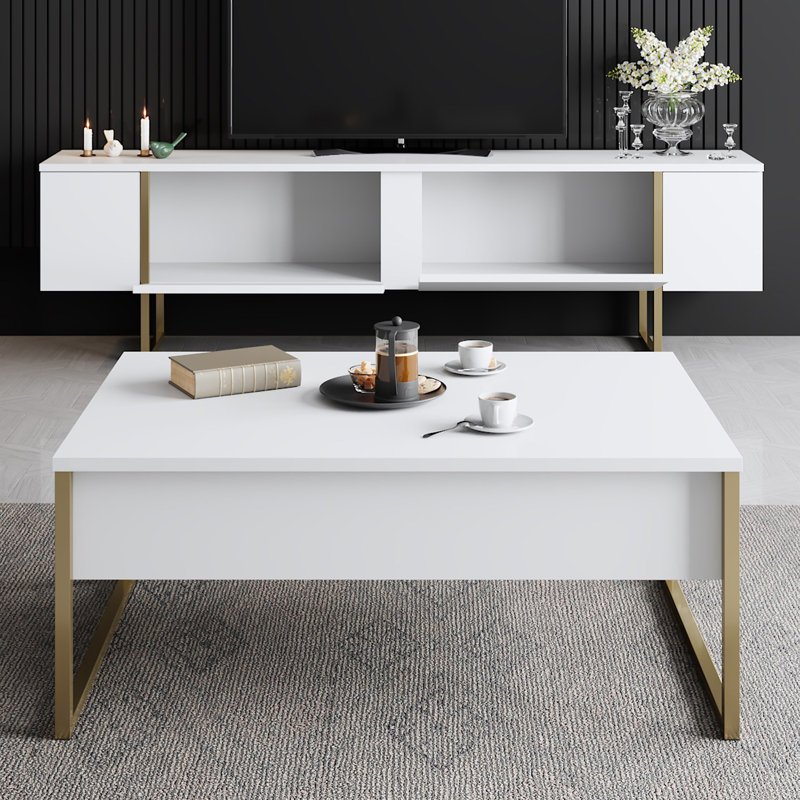 Modern White and Gold TV Stand, 70.9 x 11.8 x 19.7 inches | 100% Melamine Coated Particle Board, 0.7 inch Thickness | Stylish Metal Legs | Perfect for Living Room & Entertainment Spaces, Glam Design