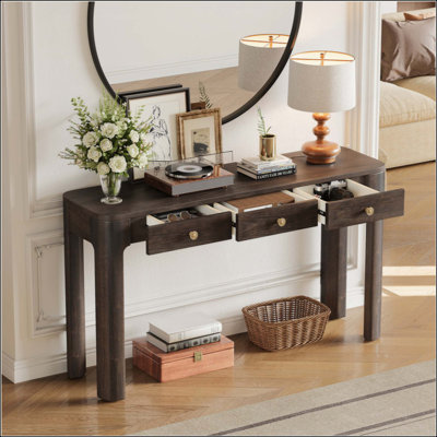 Console rustique avec coins arrondis pour la sécurité, table d'entrée avec 3 tiroirs dissimulés, table de canapé robuste avec des pieds épais pour le couloir et le salon