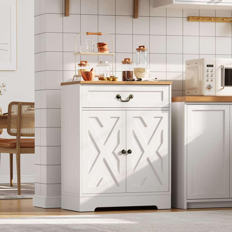 Farmhouse Coffee Bar Cabinet with 2 Doors & Drawer, Kitchen Storage Buffet Sideboard, Adjustable Shelf, 150 LB Capacity, Easy Assembly for Dining Room, Entryway, White