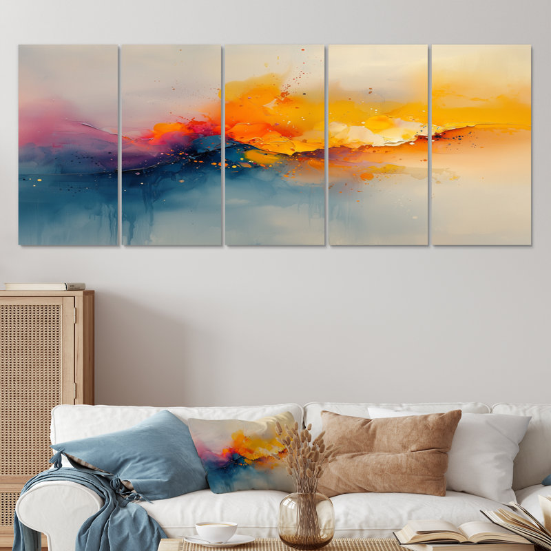 «Dream Yellow Blue Coastal Waves Turbulence I» - art mural, ensemble d'art mural moderne, H 28 po x l 60 po, 5