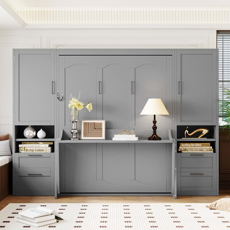Grand lit escamotable FlexiNest avec rangement intégré et fabrication durable, Gris