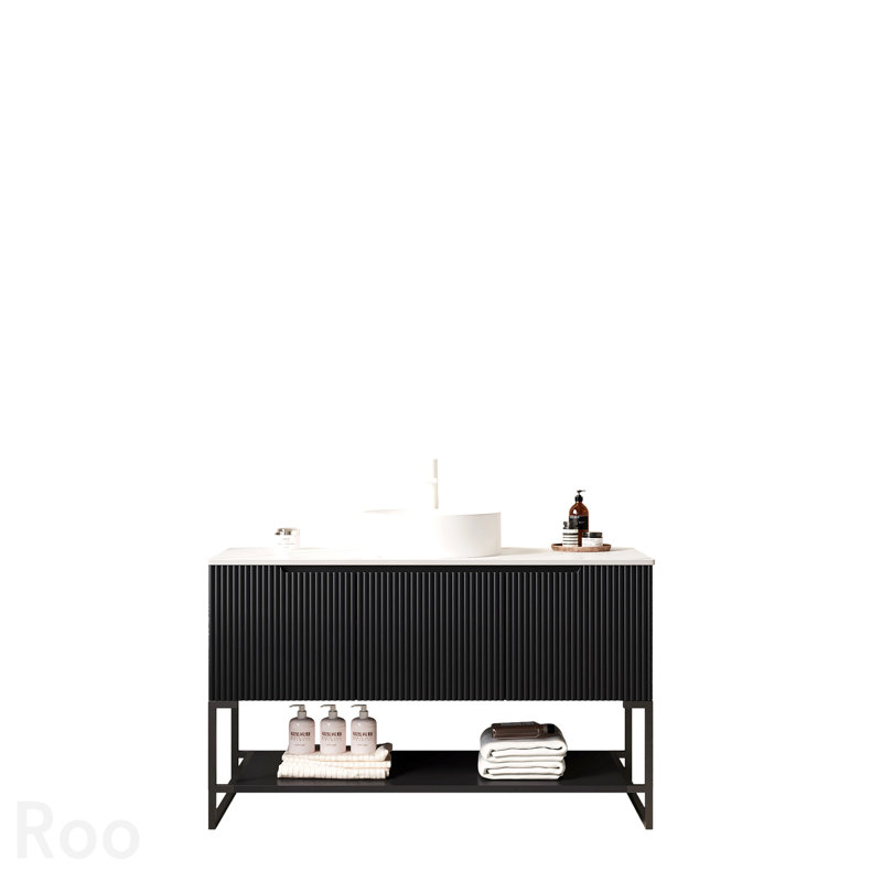 Bathroom Storage - TULIO 48" Bathroom Vanity with Sink, Freestanding Bathroom Storage Cabinet with 3 Doors and Open Shelf, White Round Ceramic Vessel Basin and Carrara White Sintered Stone Countertop, Black