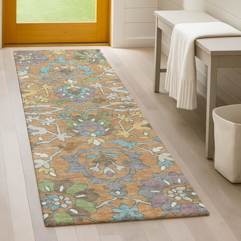 Machine Washable Indoor/Outdoor Chantille ACN2587 Floral Rug, 2'3" x 7'6" Runner, Copper