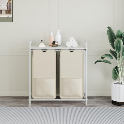 2-Section Laundry Hamper with Shelf, Pull-Out 48L Removable Bags, 2-Compartment Sorter, White, 26.77 x 13 x 28.35 in