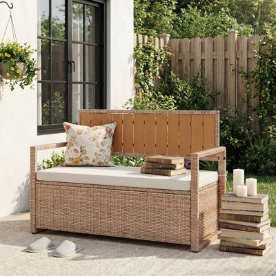 Banc de rangement extérieur avec coussin, boîte de rangement en rotin PE 2 places avec dossier et accoudoirs, banc de rangement 40Gal pour jardin, balcon, porche, piscine, cour - capacité de charge de 800 lb