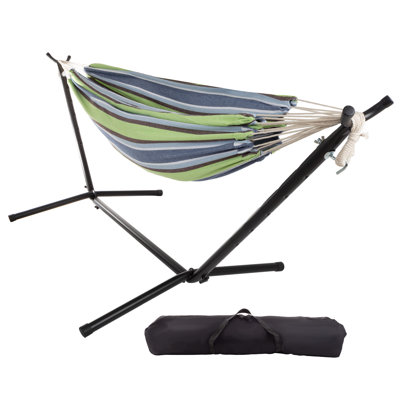 Devante Double Brazilian Hammock with Stand Included – Woven Cotton Swing with Frame for Camping, Backyard, or Patio by Pure Garden
