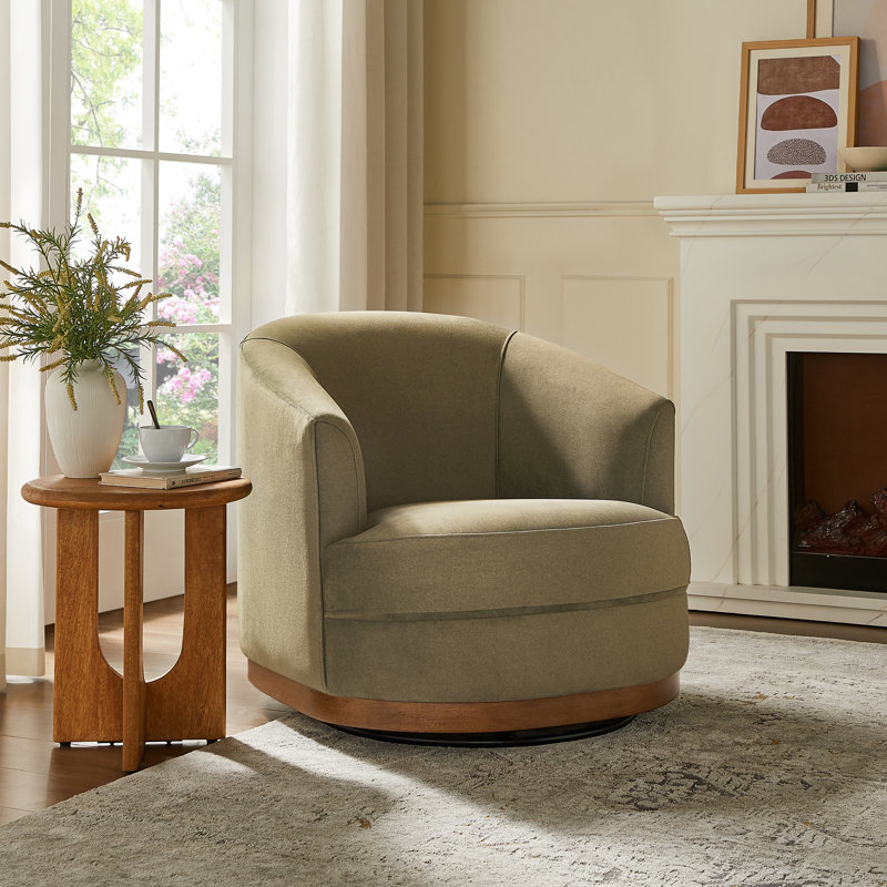Fauteuil pivotant rembourré Solay avec base en bois, vert mousse, Vert mousse