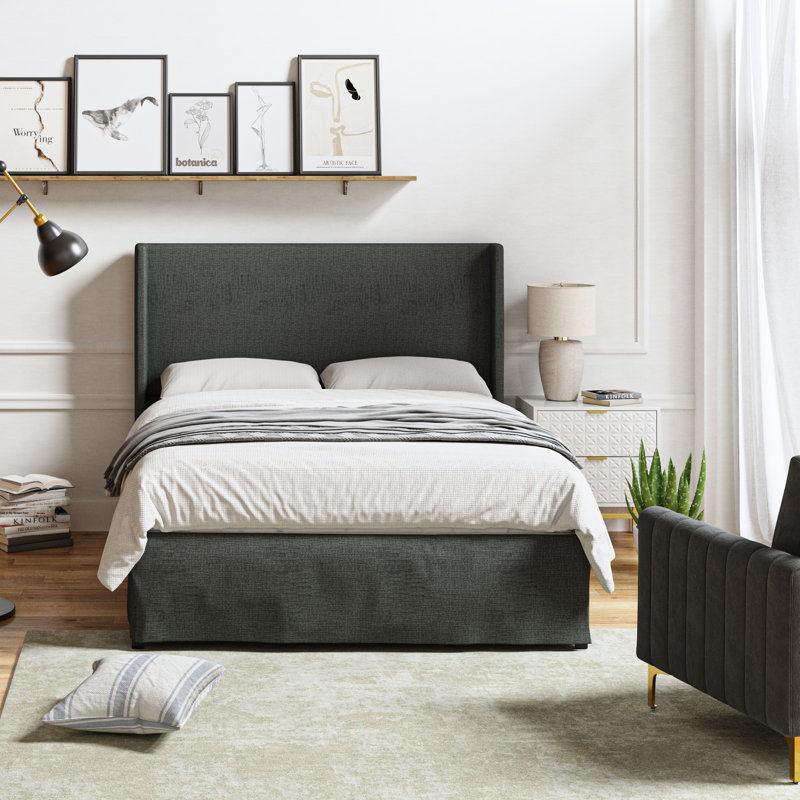 Lit plateforme tapissier Carlyon avec housse lavable et rangement sous le lit, Grand, Gris anthracite uni