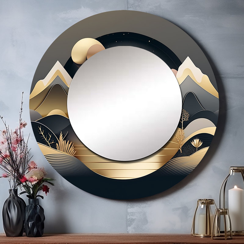 Ophilia Dreamy Golden Mountain II - miroir mural en marbre, miroir décoratif rond moderne, impression d'art en métal
