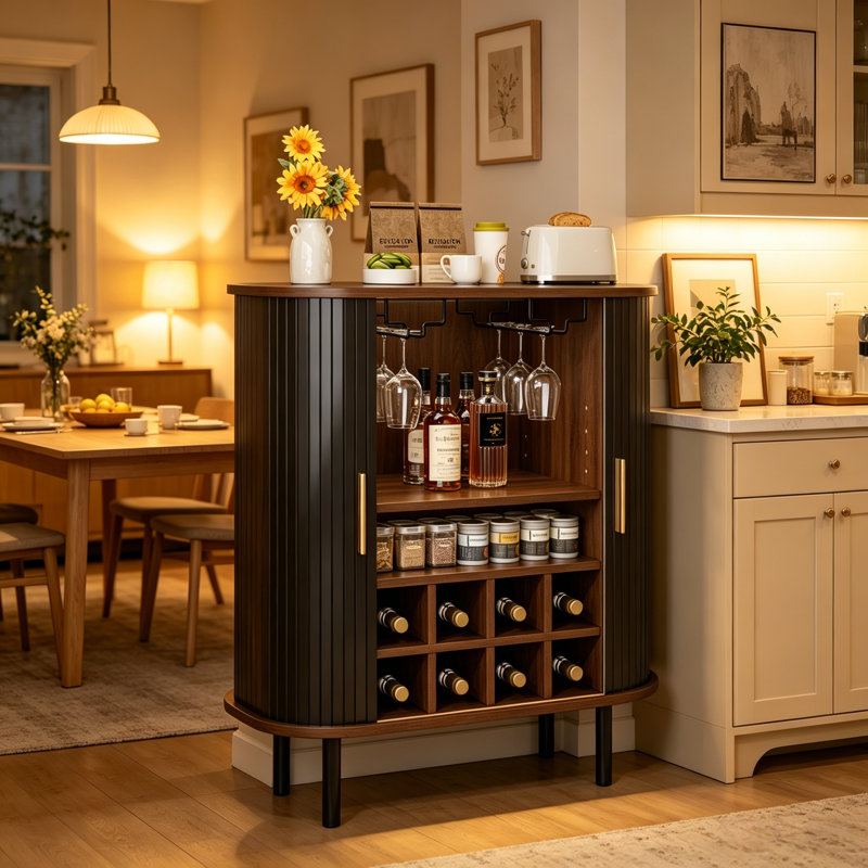Modern Farmhouse Bar Cabinet with Wine Rack & Glass Holder,  Kitchen Sideboard with Storage, Black