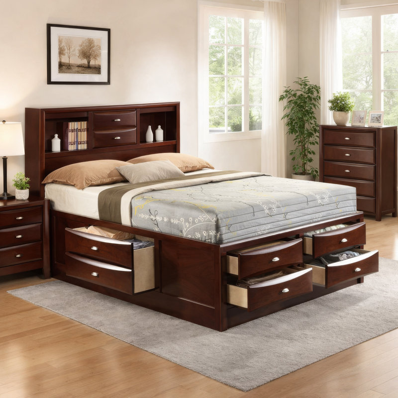 Lit plateforme avec rangement Gurtrude, Très grand lit Eastern, Brun