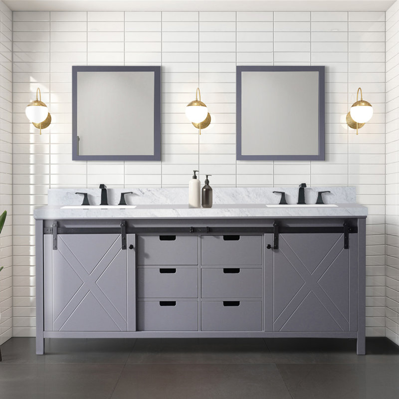 Meuble-lavabo double gris foncé 80 po X P 22 po D, avec comptoir en marbre de Carrare