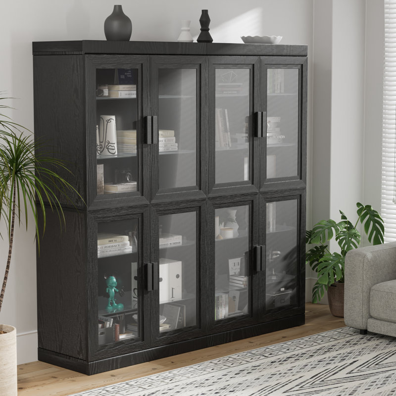 Ensemble de 4 armoires de rangement en bois avec portes en verre et armoire de rangement avec tablettes réglables, Noir