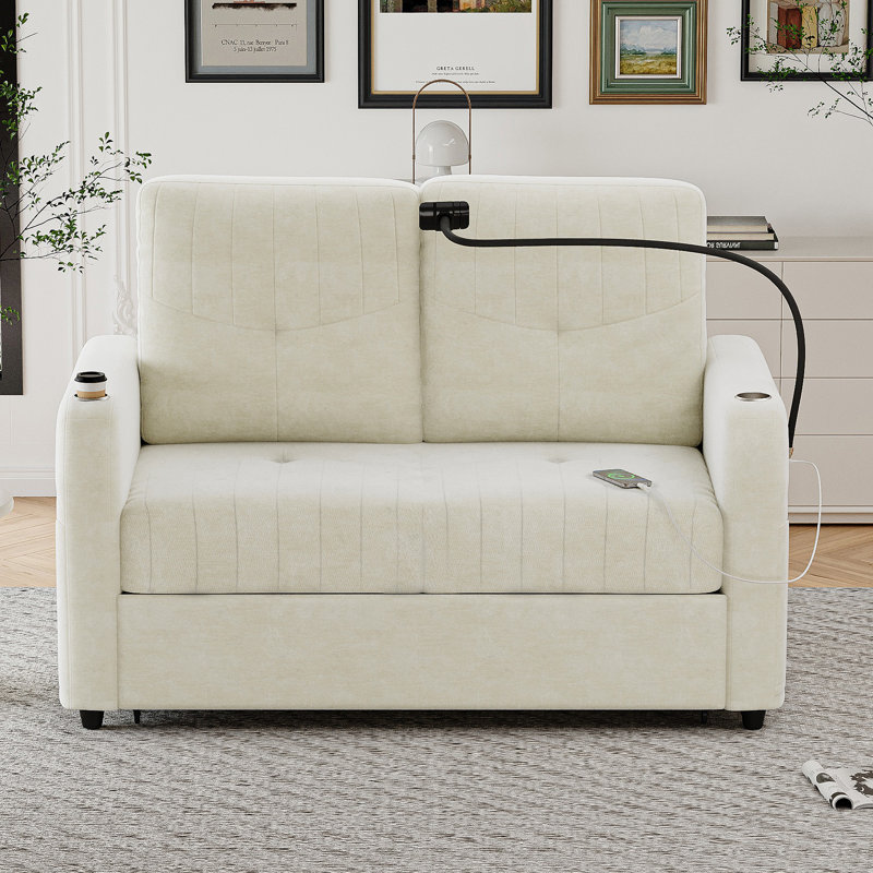 Loveseat, Pull-Out Sofa Bed With Adjustable Backrest And Two Cup Holders, Beige Chenille
