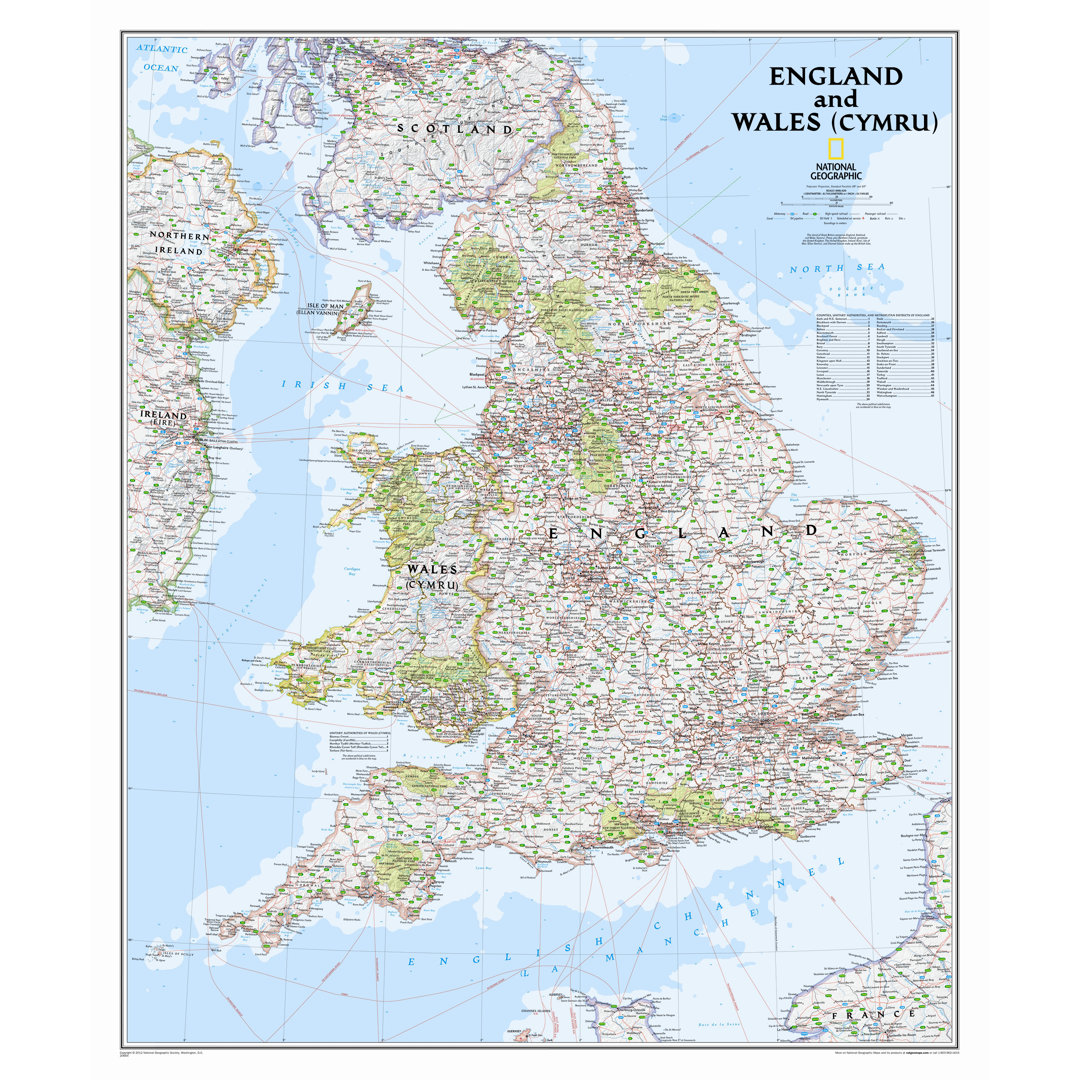 England and Wales Classic Wall Map,36" x 30" National Geographic Maps