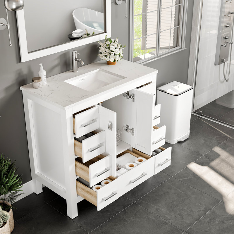 Ethyn 36"W x 18"D Bathroom Vanity with White Carrara Countertop and Undermount Porcelain Sink, White, Quartz - White Carrara