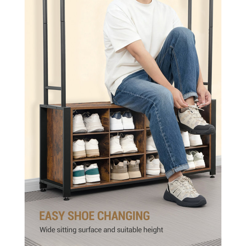 Coat Rack with Shoe Storage, Hall Tree with Bench for Hallway, 14 Open Compartments, Coat Stand with Adjustable Shelves, 13 Hooks, Top Storage for Living Room, Entrence 
