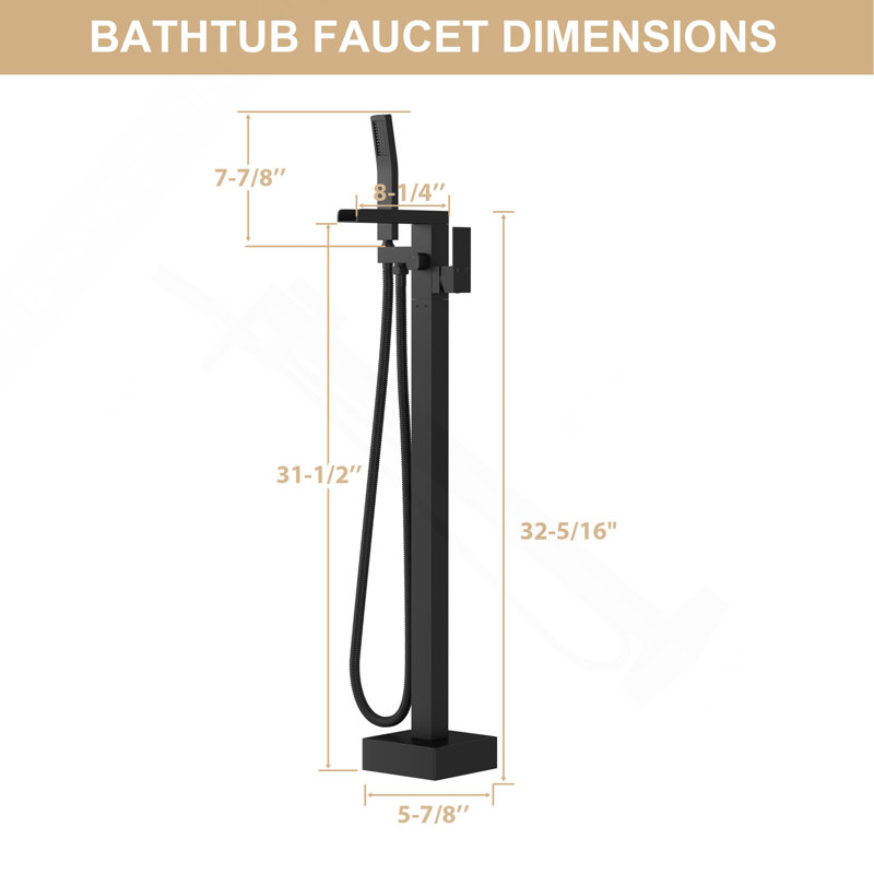 Freestanding Bathtub Faucet Waterfall Tub Filler Matte Black Floor Mount Brass Bathroom Faucets with Hand Shower, Matte Black