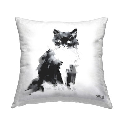 Coussin décoratif abstrait à motif de chat noir et blanc abstrait par Roozbeh Bahramali
