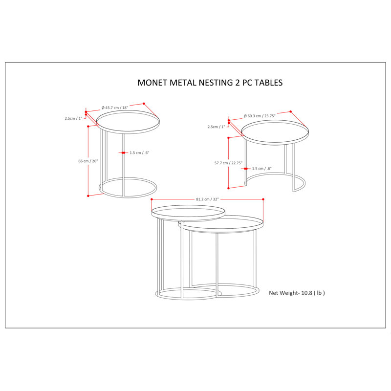 Monet 24"W Metal Industrial Nesting End Table Set with Round Fixed Tray Tops