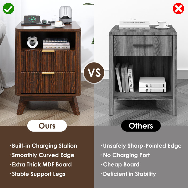 2 - Drawer Nightstand with Charging Station and RGB light, Bedside Table with Open Shelf, Brown
