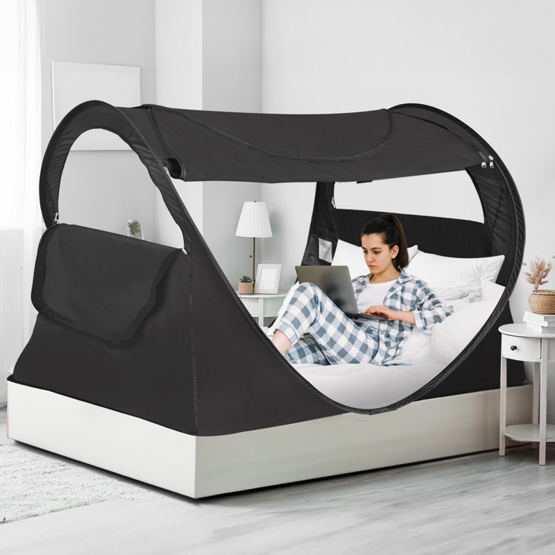 Pop-Up Full-Size Pongee Bed Canopy with Dual LED Lighting Packs