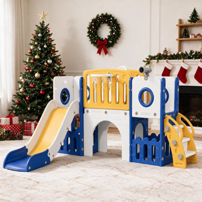 Grande glissade pour tout-petit 9 en 1, ensemble de jeu pour enfants avec longue pente, ensemble d'escalade pour bébé avec panier de basketball, télescope, tunnel, espace de rangement, marches fermées, aire de jeux intérieure et extérieure pour les enfants de 3 ans et plus