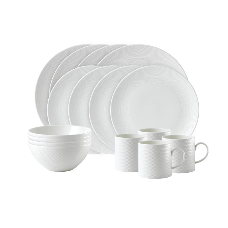 Elegant Geometric Embossed 16-Piece Porcelain Dinnerware Set, White