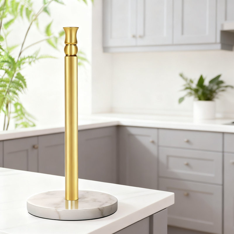 Freestanding Paper Towel Holder With Heavy Marble Base For One-Handed Tearing, Non-Tip Design With Rust-Proof Stainless Steel Rod For Countertop Use