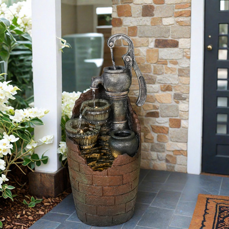 Outdoor 32.6" H Outside Rustic Water Well Water Fountain With Light, Pump For Garden, Patio, Deck, Porch, Backyard Home Decor